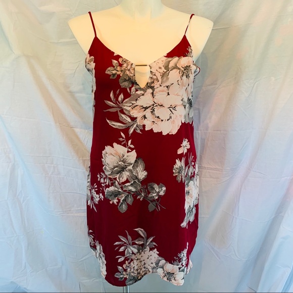 red floral slip dress